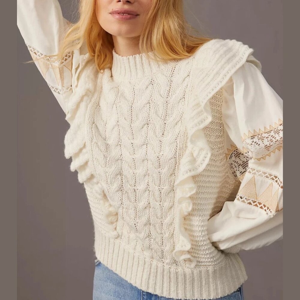 Anthropologie Cable Knit Ivory Ruffle Puff Sleeve Lace Sweater Size S